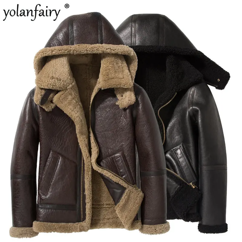 

Original Leather Fur Jacket Men Natural Sheepskin Real Fur Coat Men Thermal B3 Flying Suit Detachable Hat Men's Leather Jacket F