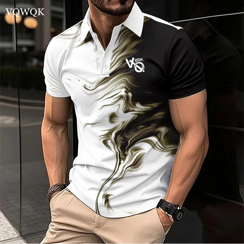 VQWQK Men's short-sleeved polo shirt, printed clothing, fashionable casual top, summer streetwear, new ink