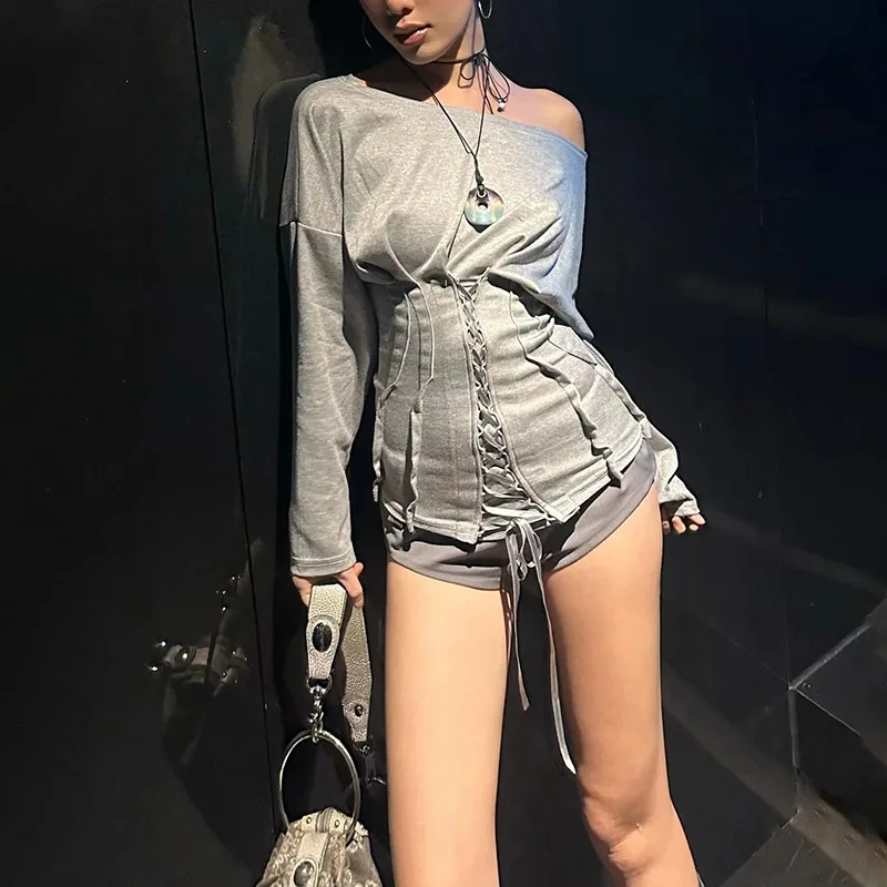N2025 Casual Fashion T-Shirts Woman Skew Collar Off Shoulder Full Sleeve Drawstring Design Daily Simple Versatile Style Tops