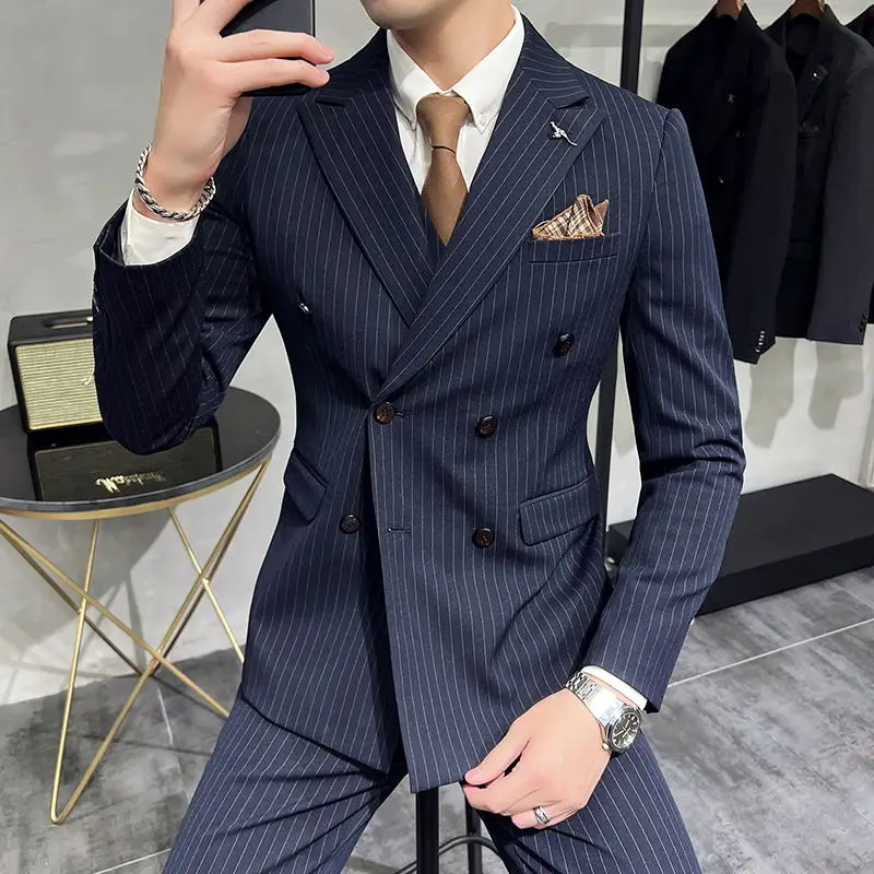 

New (Blazer + Vest + Trousers) Men's Suit Fashion Striped Double Breasted Italian Style Slim Wedding Dress Men's 3-Piece Set