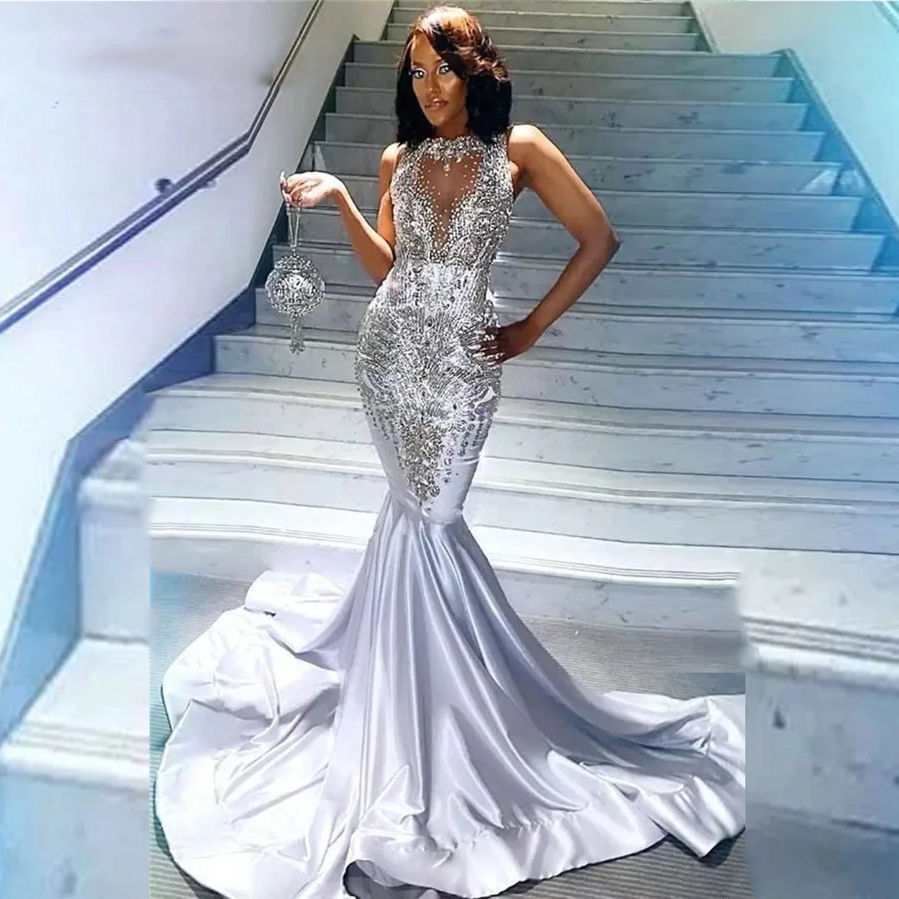 Crystals Beaded Silver Mermaid Prom 