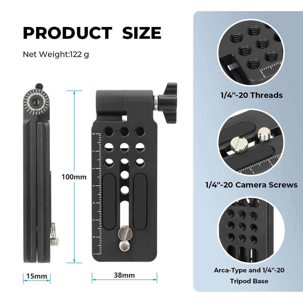 Plaque rapide Arca-Type fixée sur un gimbal pliable pour caméra, vue de côté