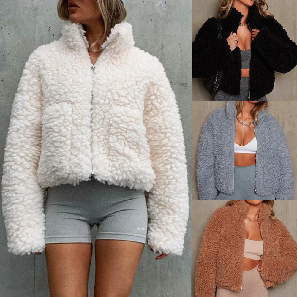 Autumn and Winter Women's New Plush Cardigan Short Jacket Long Sleeved Standing Collar Solid Color Loose Fitting Lamb Wool Coat