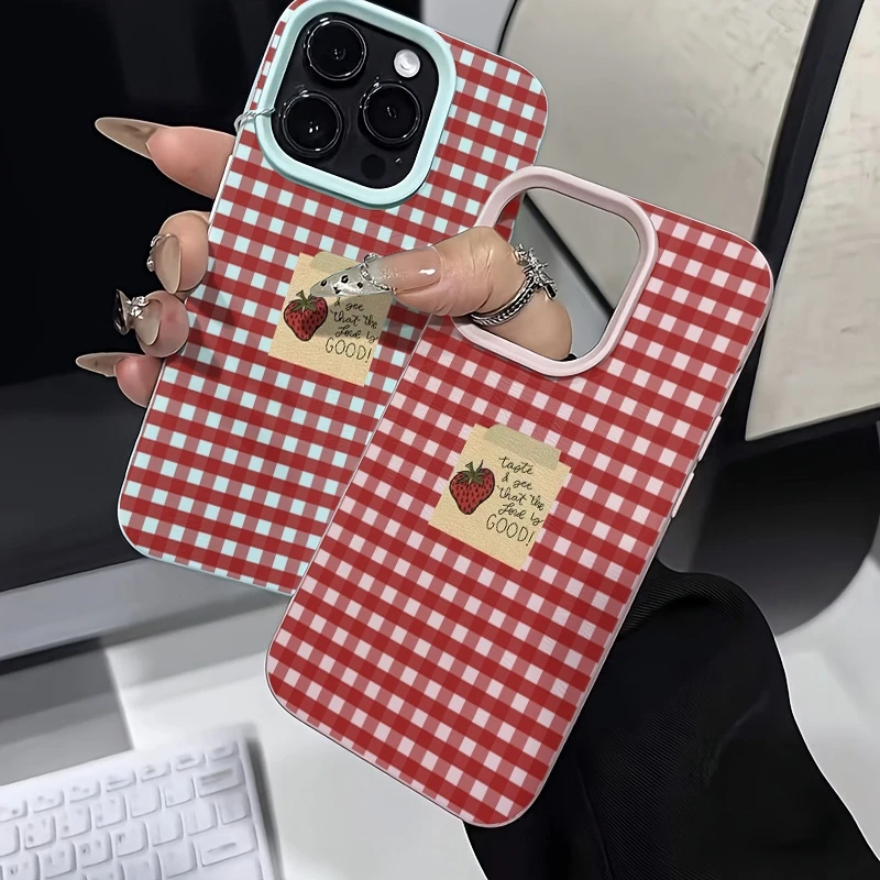 Red Grid Strawberry Pattern Phone Case - Stylish Bumper Cover