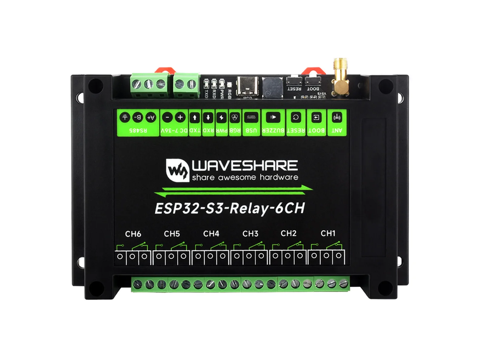 

ESP32-S3-Relay-6CH, промышленный 6-канальный релейный модуль ESP32-S3 WiFi, поддерживает управление WiFi / Bluetooth/RS485, рельсовое крепление