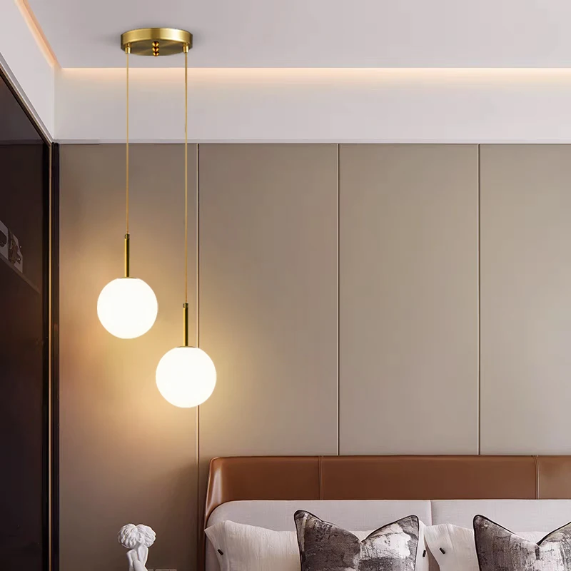 Modern LED Bedside Pendant Light White/Smoke Gray Glass Ball Ceiling Hanging Lamps Nordic Home Decoration Ceiling Pendant Lamp