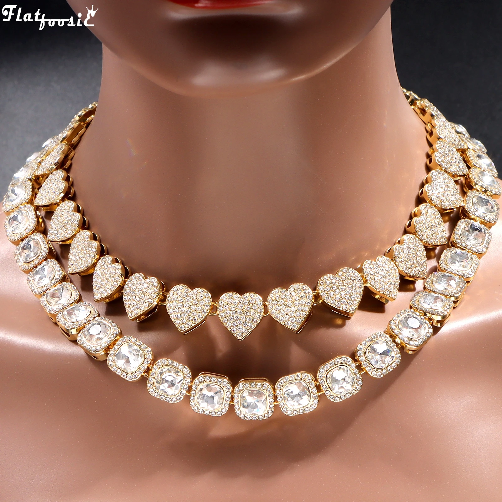 

2Pcs Rhinestone Heart Square Cuban Link Necklace for Women Bling Iced Out Crystal Tennis Chain Necklace Set Jewelry Hip Hop Gift