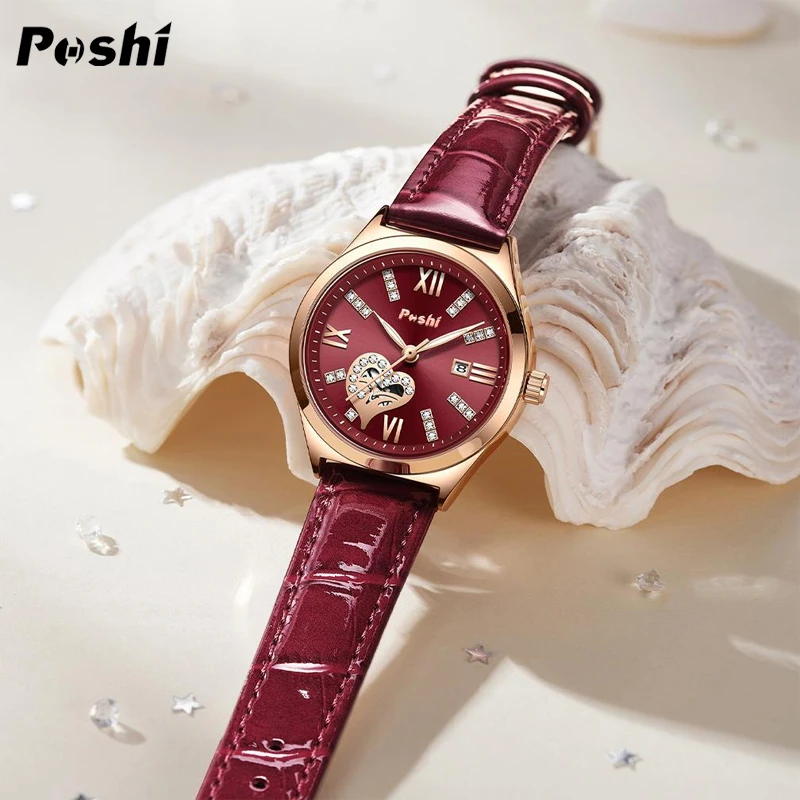 POSHI-Reloj de moda para mujer, relojes de cuarzo informales, pulsera de cuero cómoda, esfera de diamante, reloj de pulsera con fecha para mujer