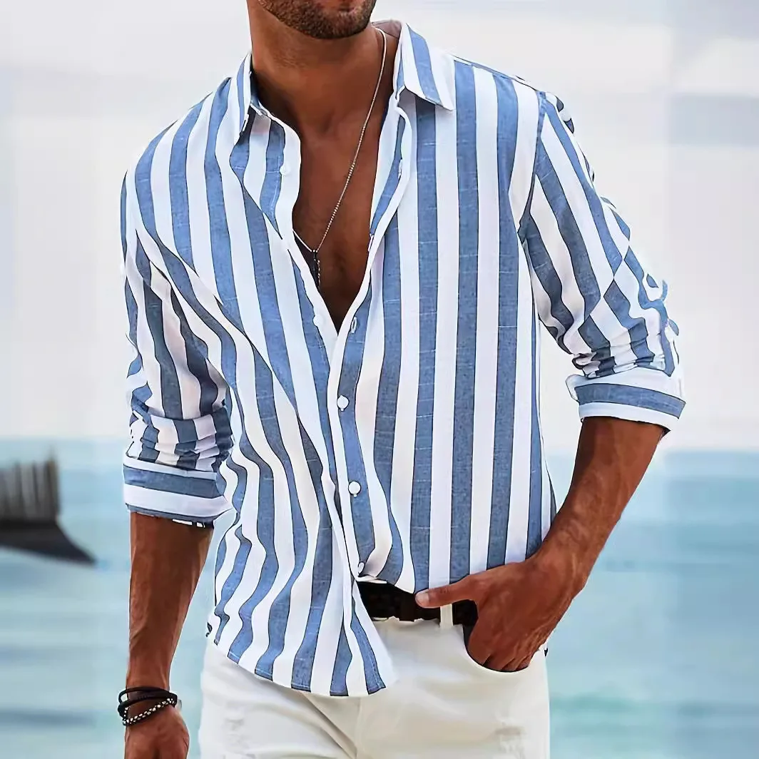 

2024 Men's shirt Long sleeve striped cotton linen casual loose shirt top social luxury men's elegant fashion