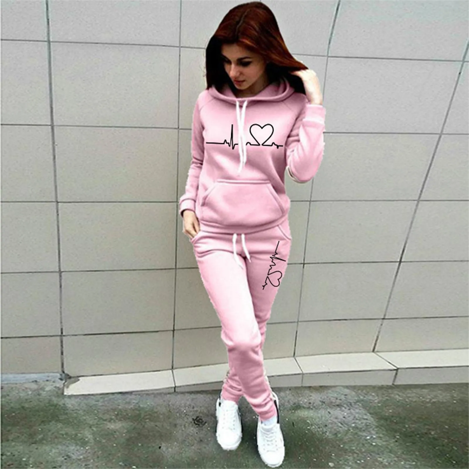 

Two Piece Outfits Womens Heart Print Long Sleeve Hoodie Drawstring Pant Sets 2023 Fall Winter Trendy Fleece Sportswear Set