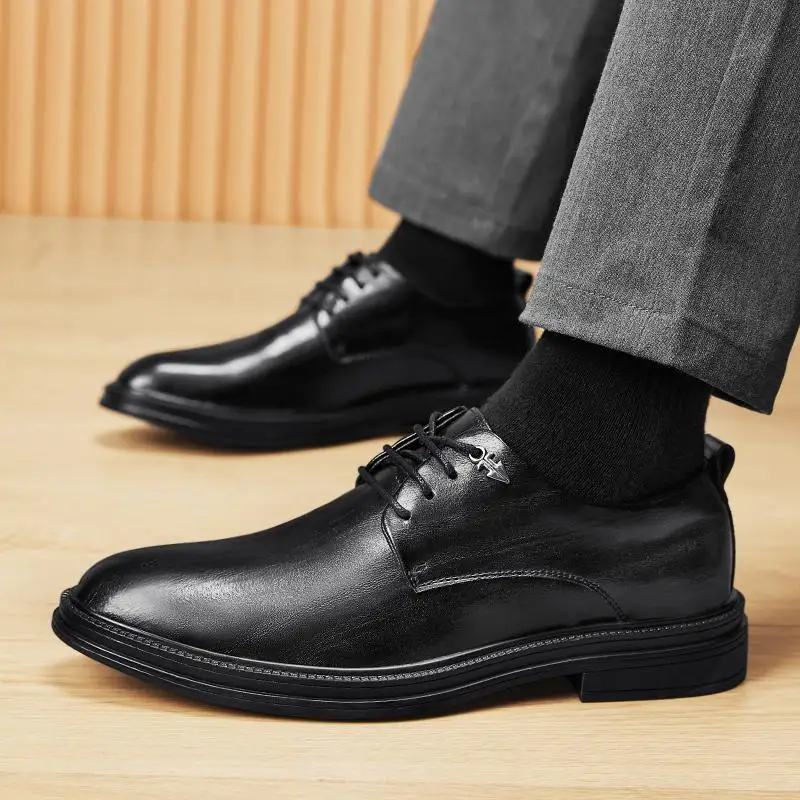 

High Heel Leather Shoes Men's 2023 Autumn New Business Casual Leather Shoes Slip-on Soft Bottom Black Interview Shoes Men