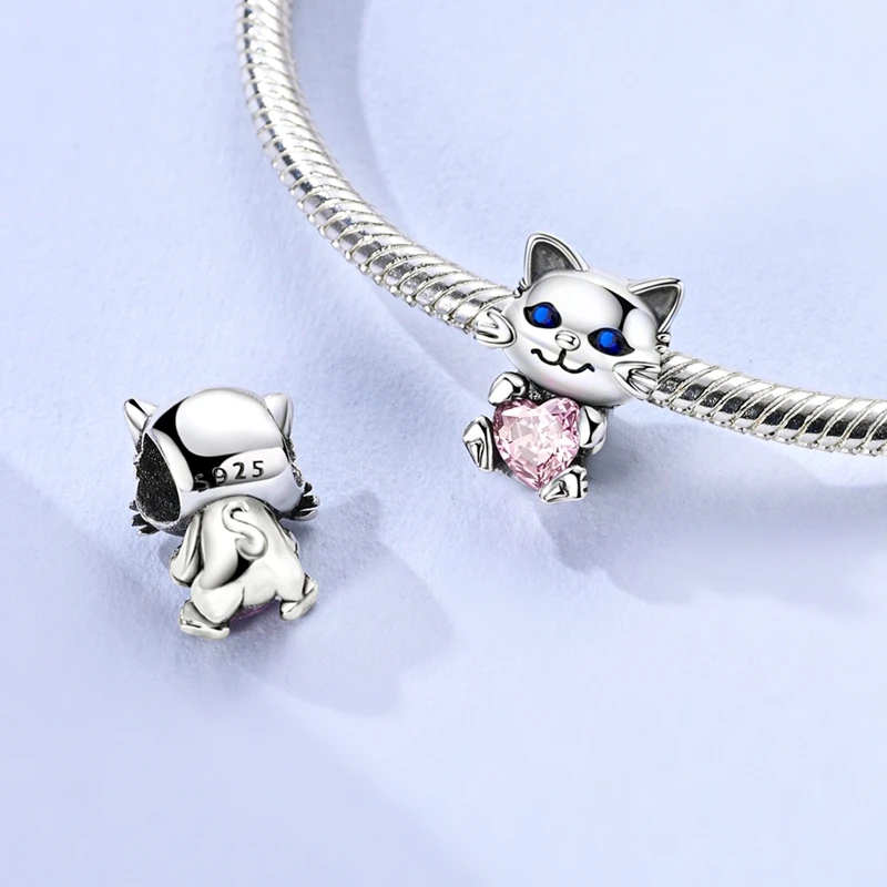 Charms aus 925er-Sterlingsilber, Herz, Katzenpfoten, Zähne, Fliege, Anhänger, Perlen, passend für Original-Armbänder, Charm-DIY-Schmuck, Geschenk für Frau – Detail 3