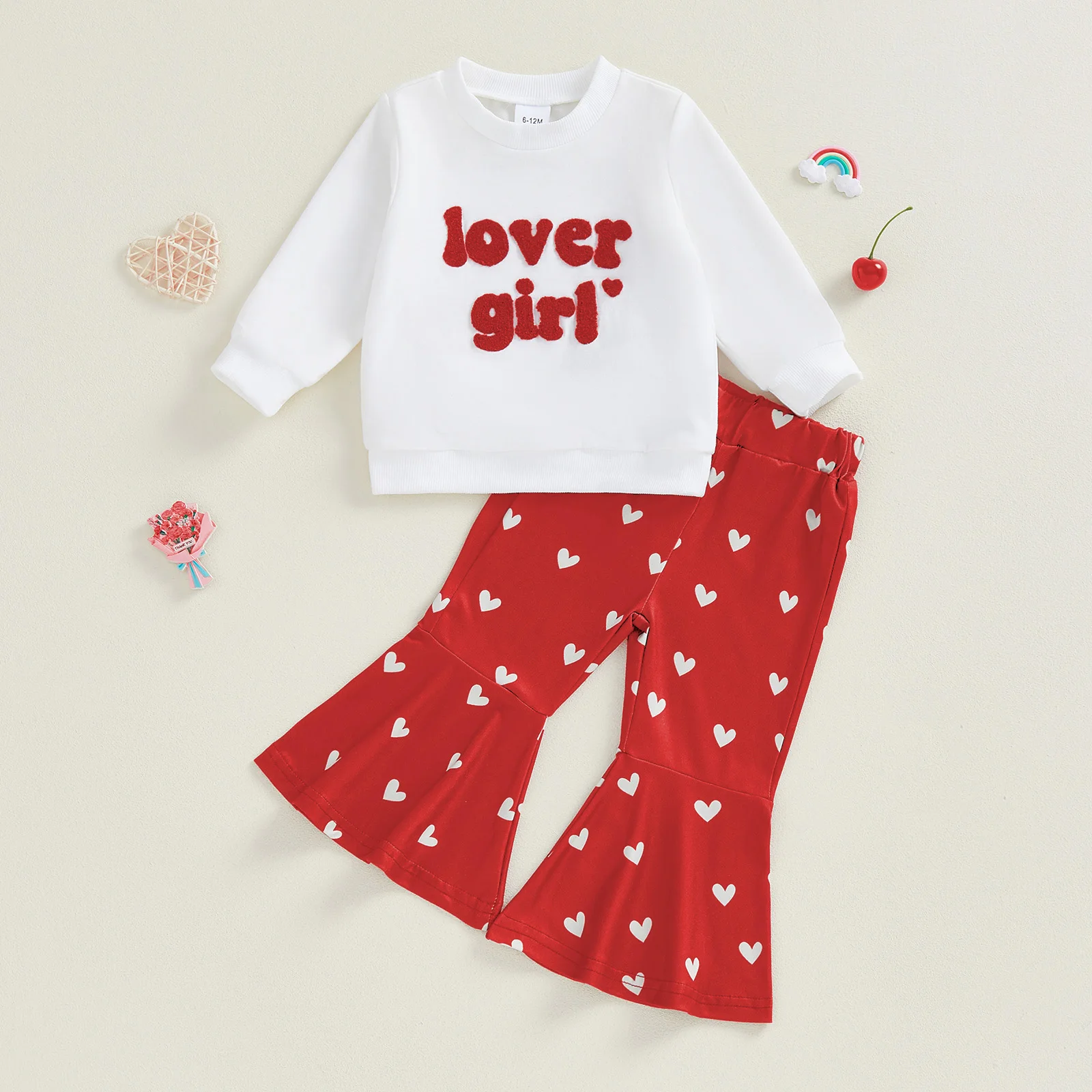 Girls Valentine s Day Outfit Heart Print Hoodie with Flare Pants Set for Kids Long Sleeve Letters Print Clothing