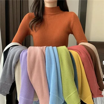 zjaiss 2025 Autumn Basic Bottoming Sweater Top Women Ribbed Soft Mock Neck Elastic Pullover Warm Solid Color Slim Jumper