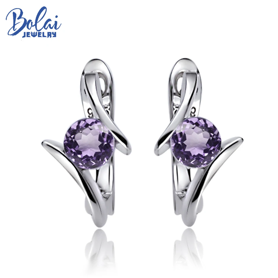 

Bolai Round 6.0mm Natural Amethyst Stud Clasp Earrings Real 925 Sterling Silver Gemstone for Woman Girl Simple Gift Brand-New