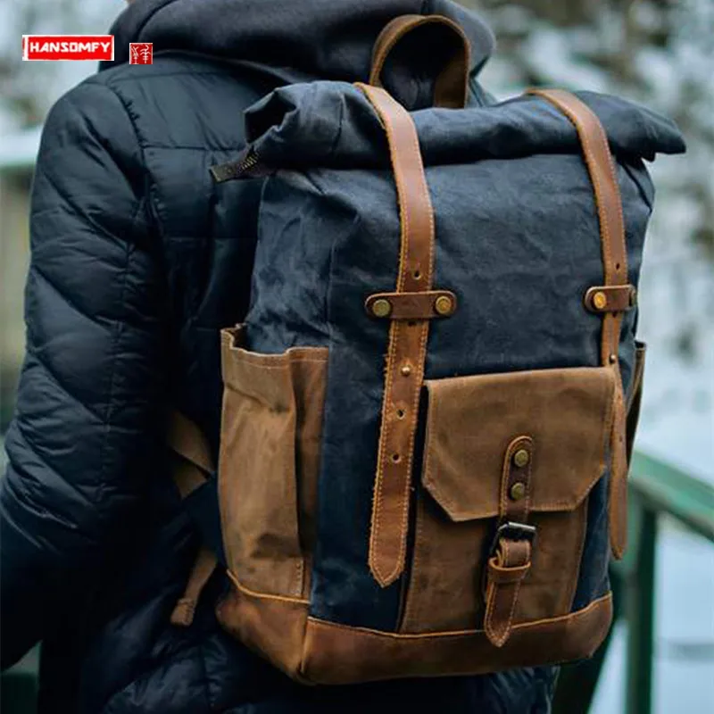 

Retro Oil Wax Waterproof Canvas With Leather Men's Backpacks Computer Schoolbag Large Capacity Outdoor Travel Backpacks 2023 New