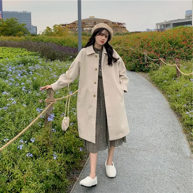 Fashion Elegant Blends Coats French Style Lapel Big Pocket Single Breasted Overcoats Autumn Winter Warm Thick Casual Outwears