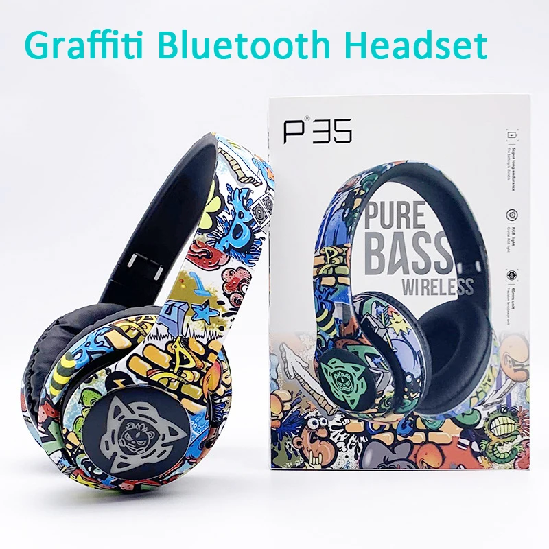 Auscultadores sem Fios Graffiti Auscultadores Bluetooth Fones de Ouvido Estéreo Dobráveis Fone de Ouvido Intra-auricular Microfone Hand Presentes de Natal - Image 6