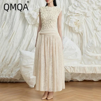QMQA Fashion Women's Elegant Dress O-neck Sleeveless Lace-up Pleated Long Patchwork Evening Party Dresses 2026 Spring QM1134 1