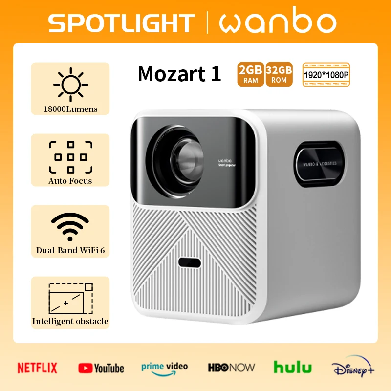 Flagship] Wanbo Mozart 1 Smart Projector 900 ANSI Auto Focus Dual 8W  Speaker Subwoofer Home Cinema
