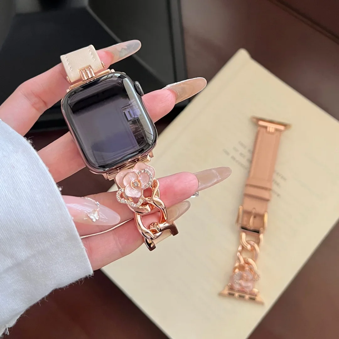 For Apple watch ultra21ses987654321 series 4144 45 49mm strap Metal flowers Calf leather decoration with black soft leather band