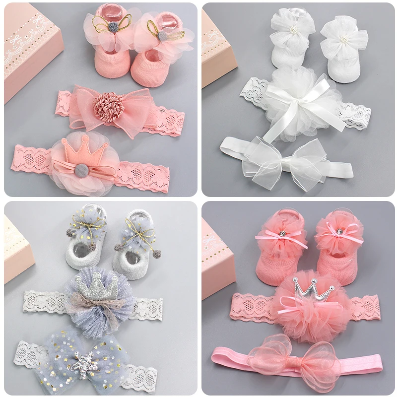 Baby Socks 3Pcs Baby Crown Headbands + Socks Set Kids Newborn Cartoon Anti-slip Floor Sock Shoes Bowknots Gifts 0-2T