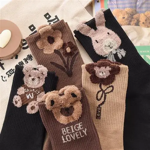 Autumn and Winter Cute Cartoon Socks Animal Print Bear Socks Japanese Fashion Kawaii Women Preppy Style Cotton Middle Tube Socks