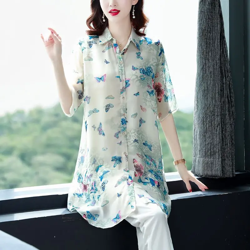 

Polo-Neck Elegant Office Lady Blouses Tops Blusas 2024 Casual Spring Summer Blouses Print Three Quarter Buttons Shirts S362