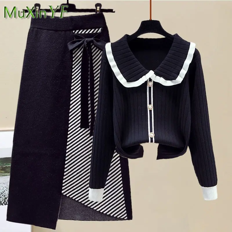 2024 Spring Autumn New Korean Elegant Doll Neck Knitted Sweater Two Piece Women's Fashion Dress Matching Set Female Clothes Suit