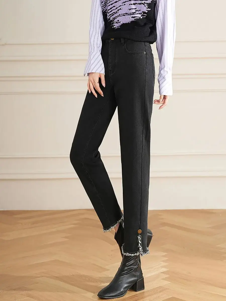 LOUIS YAO Women Jeans 2024 New Slim Straight Denim High Waist Vent Trousers Retro Casual Black Cropped Pants for Women