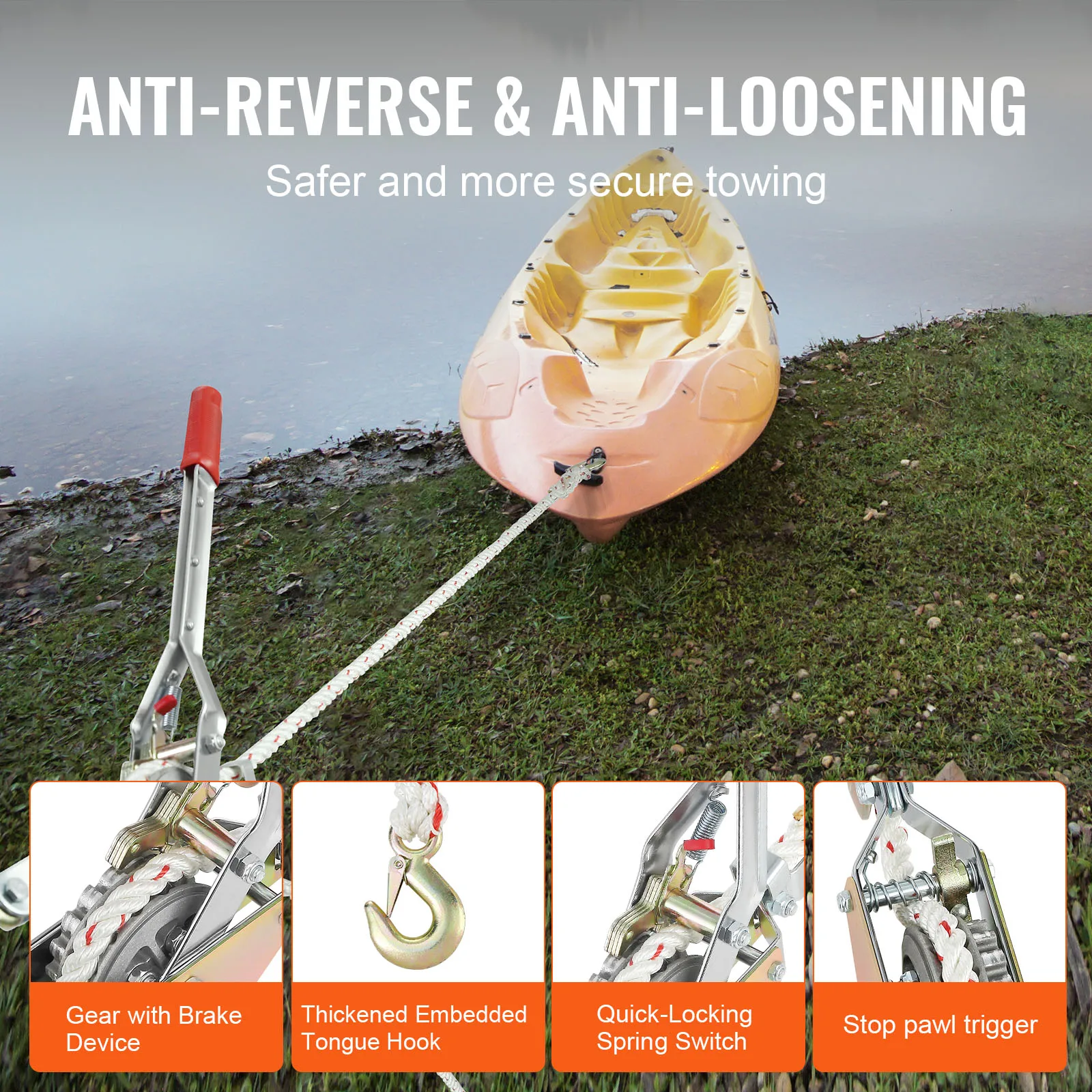 SucceBuy Rope Puller 3/4 T 1653lbs Pulling Capacity with 100' 0.6" diameter Rope 2 Hook Come Along Winch Heavy Duty Puller Tool