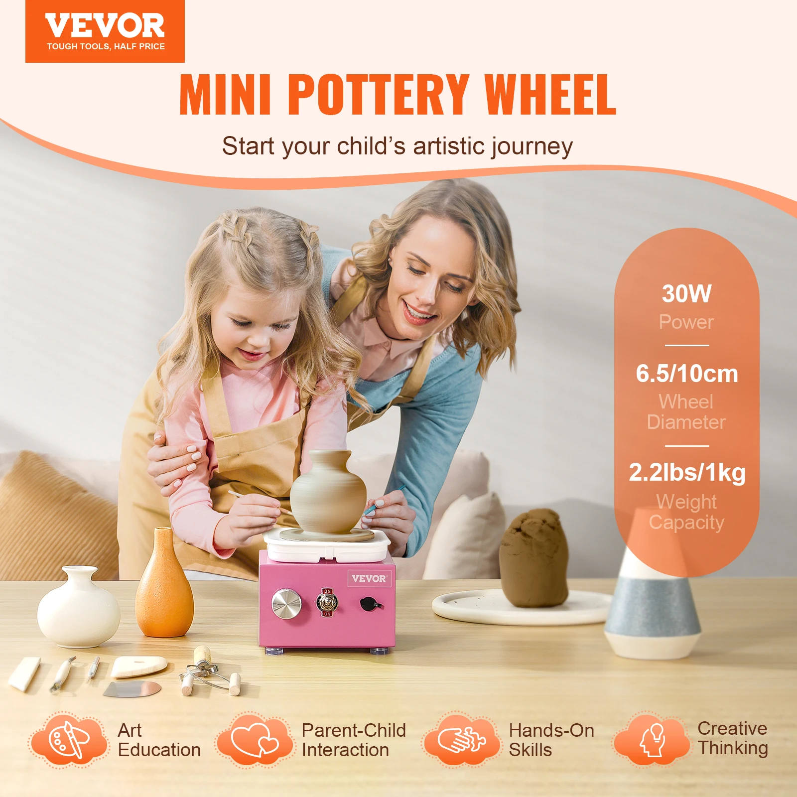 Mini Pottery Wheel 0-320RPM Adjustable Speed Detachable Basin 2.56in/3.94in 2 Turntable for ArtCraft Work Home DIY Pink