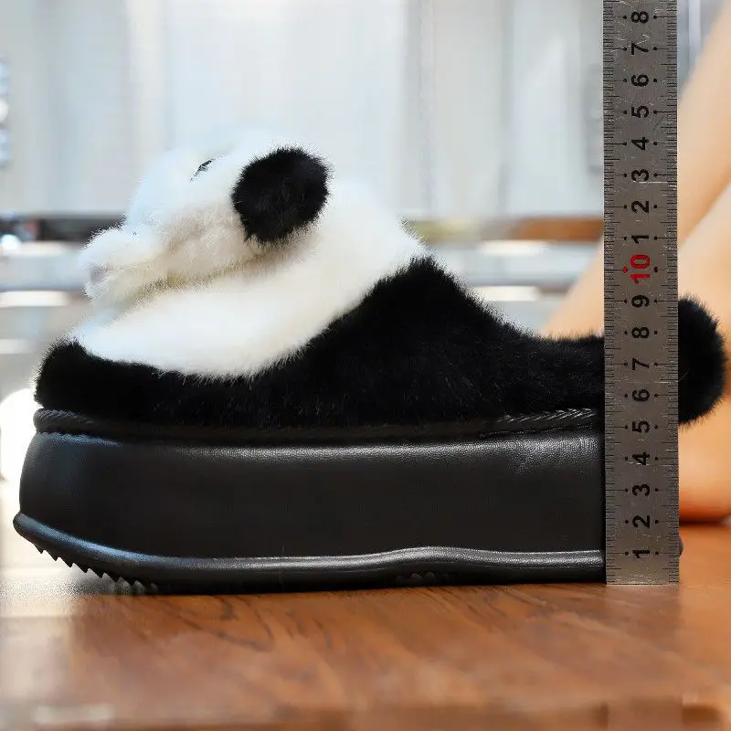 Platform Heels 5.8cm EVA slippers women Cute Panda Slippers Home Warm Winter fluffy Fur Slides Girls Women's home slippers