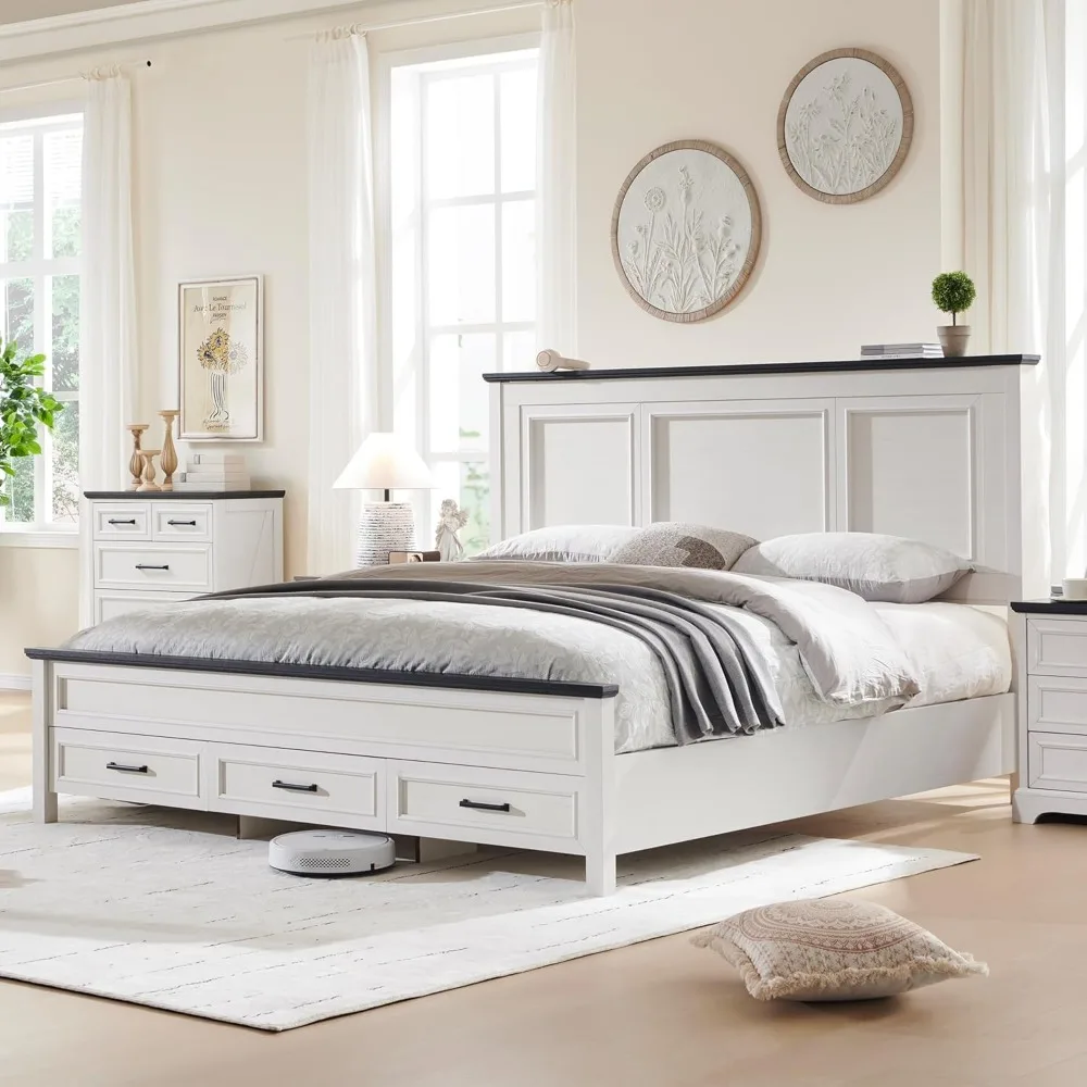 King Wood Bed Frame with 52" Tall Headboard & Footboard, Platform Bedframe with Hidden Storage Drawers, King Bed Frame 4