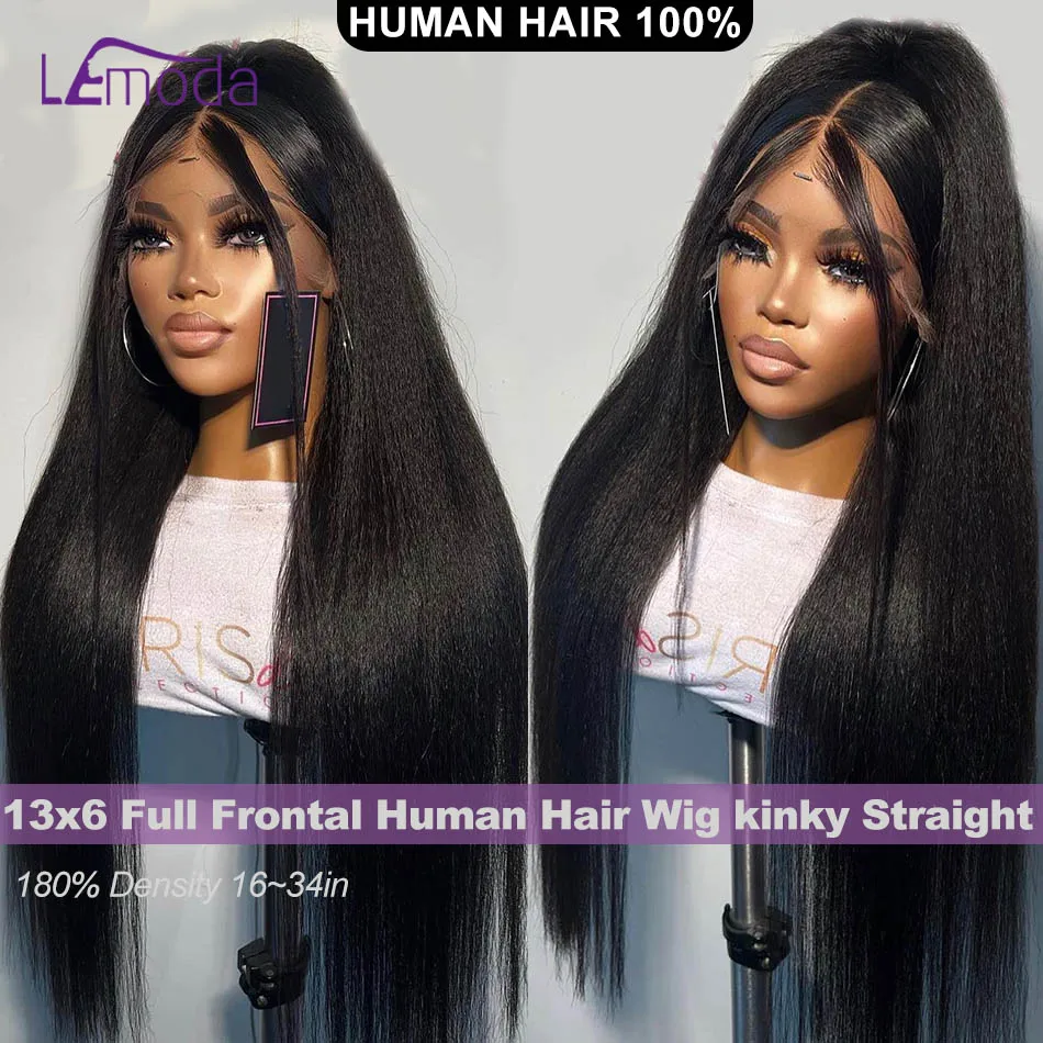 13x6 Full Frontal Human Hair Wig Kinky Straight Wig Transparent Lace PrePlucked 13x6 Lace 12A Virgin Human Hair Wigs Lemoda