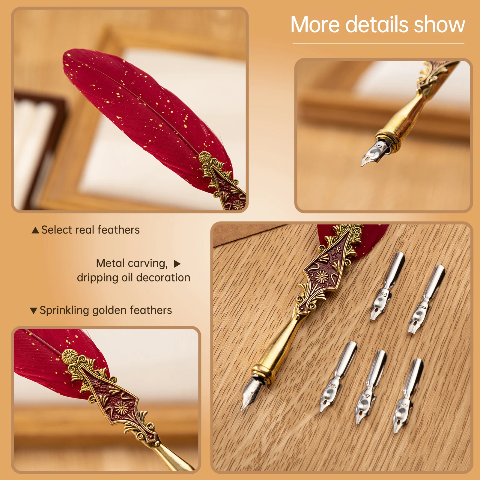 Retro Feather Dip Pen Set Vintage Quill Pen Elegant Style Calligraphy Writing Signature with Replacement Nibs Ideal for Letters