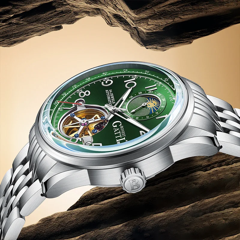 BONEST GATTI Watch men's multifunctional business tourbillon retro waterproof luminous hollow automatic mechanical watch