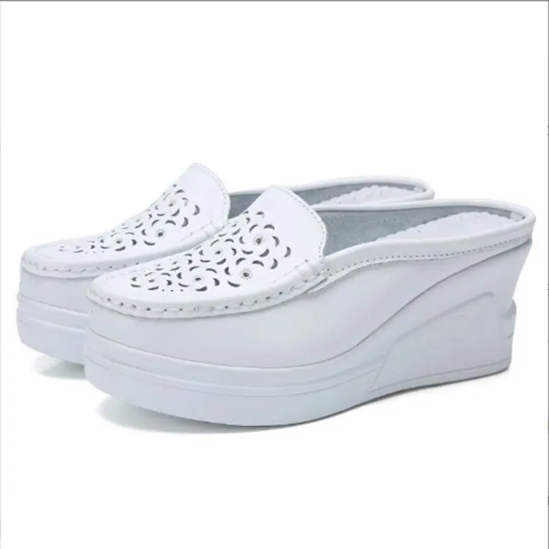 

Summer Women Platform Slipper Floral Flats Breathable Leather Casual Shoes Slip-on Comfortable Nurses Shoes Wedges Sandals