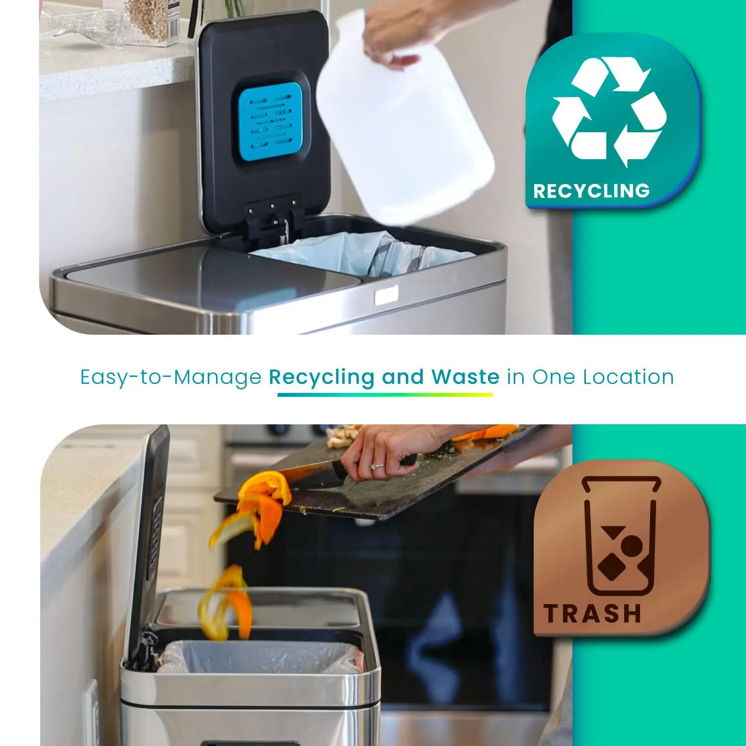 16 Gallon Kitchen Trash Can with Dual Compartments for Recycling, CleanAura Odor Control, Stainless Steel,Silver,60 Liters Total