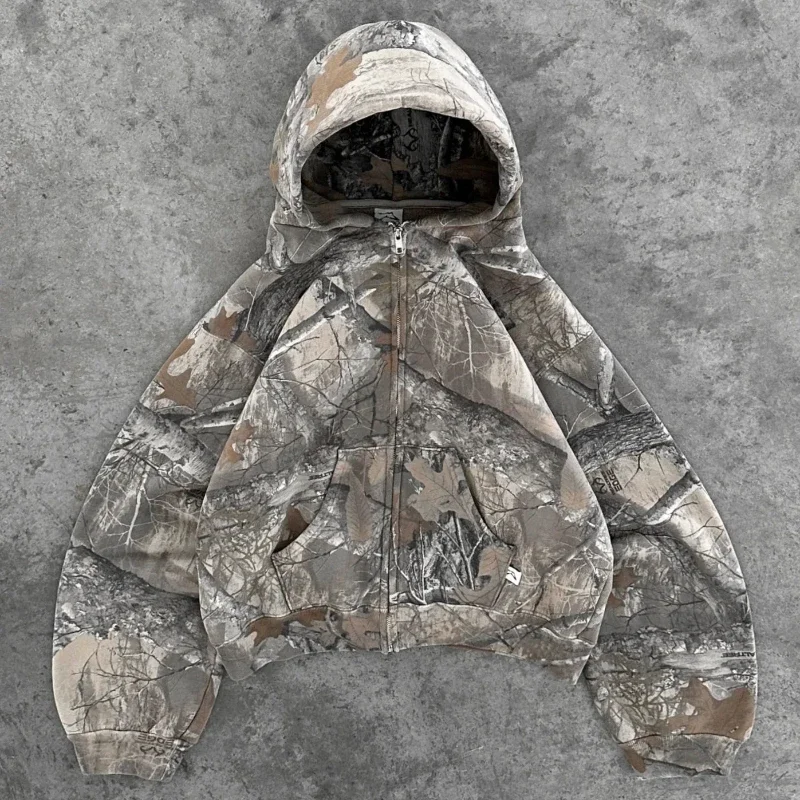 Men Camo Hoodie Y2K Retro Zip Up Hoodie Men Camouflage Pattern Zipper Sweatshirt High Street Hip Hop Streetwear Oversized Unisex Camo Hoodie