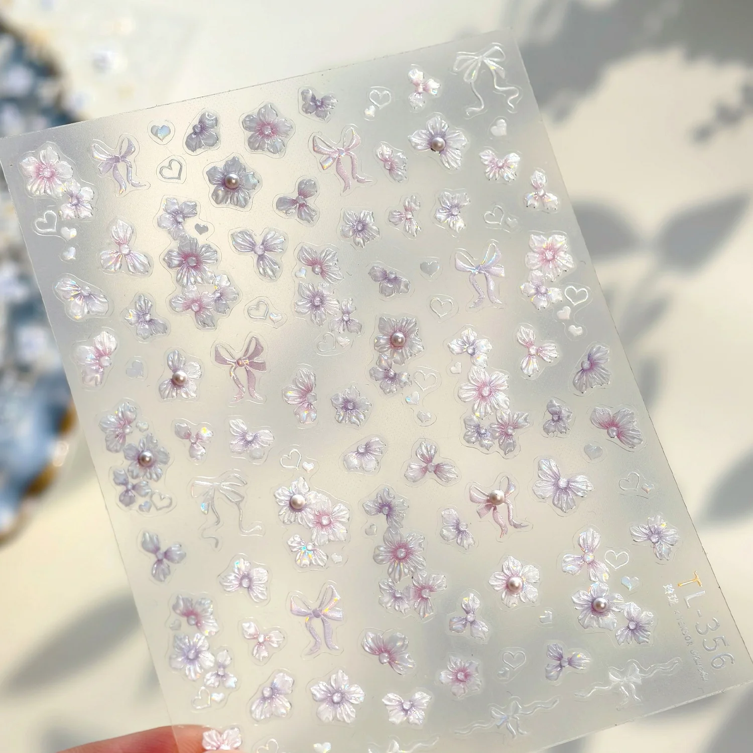 발레 스타일 5D 네일 아트 스티커 연보라색 진주 꽃 리본 진주 하트 은은한 엠보싱 셀프 접착 네일 데칼 여성용