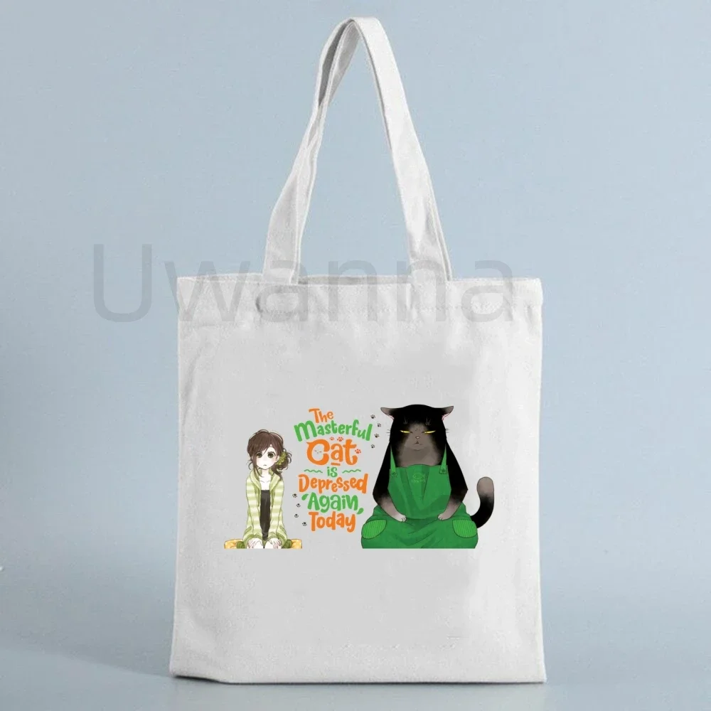 Tote Bags Cartoon Canvas Shoulder Bag Big cat Yukichi Tote The Masterful Cat Is Depressed Again Today Shopping Bags Grocery Handbags