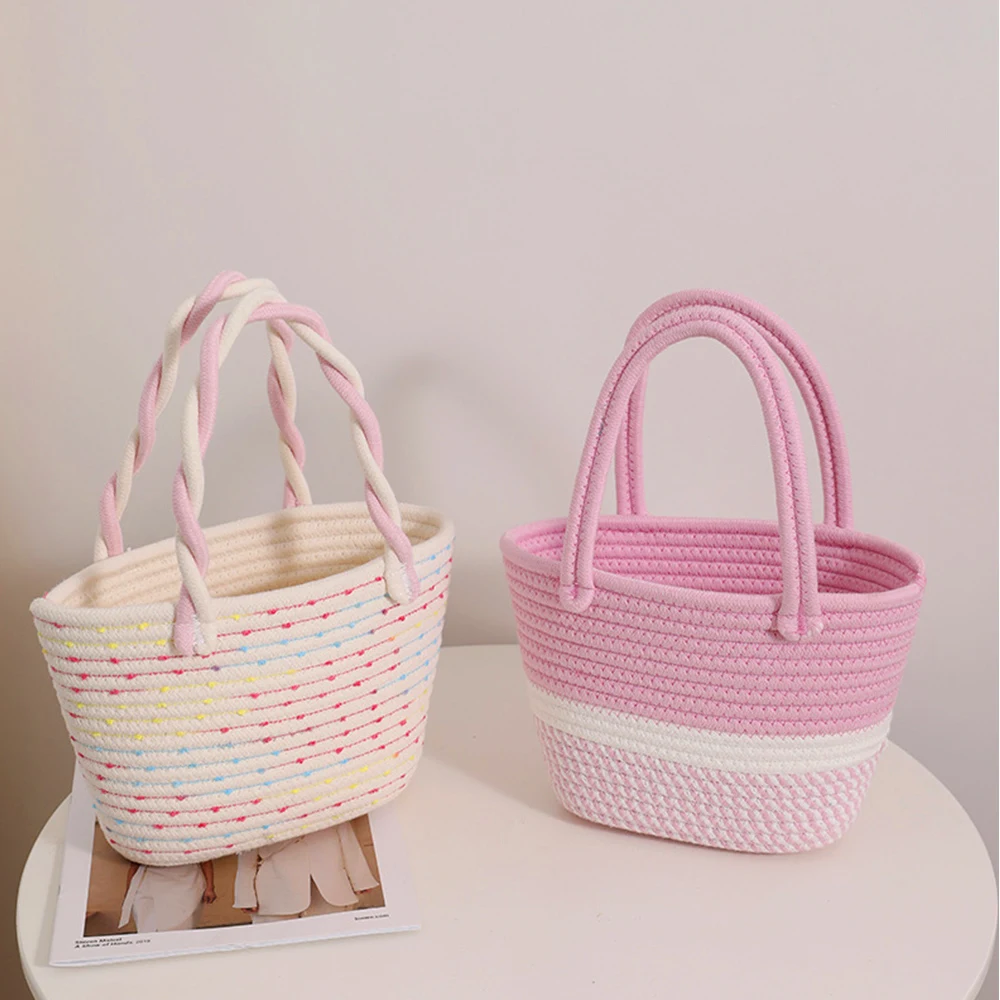 

Twist Handle Cotton Thread Woven Bags For Women Vacation Picnic Basket Handbag Beach Big Tote Bag Knitted Bucket Braided Bag