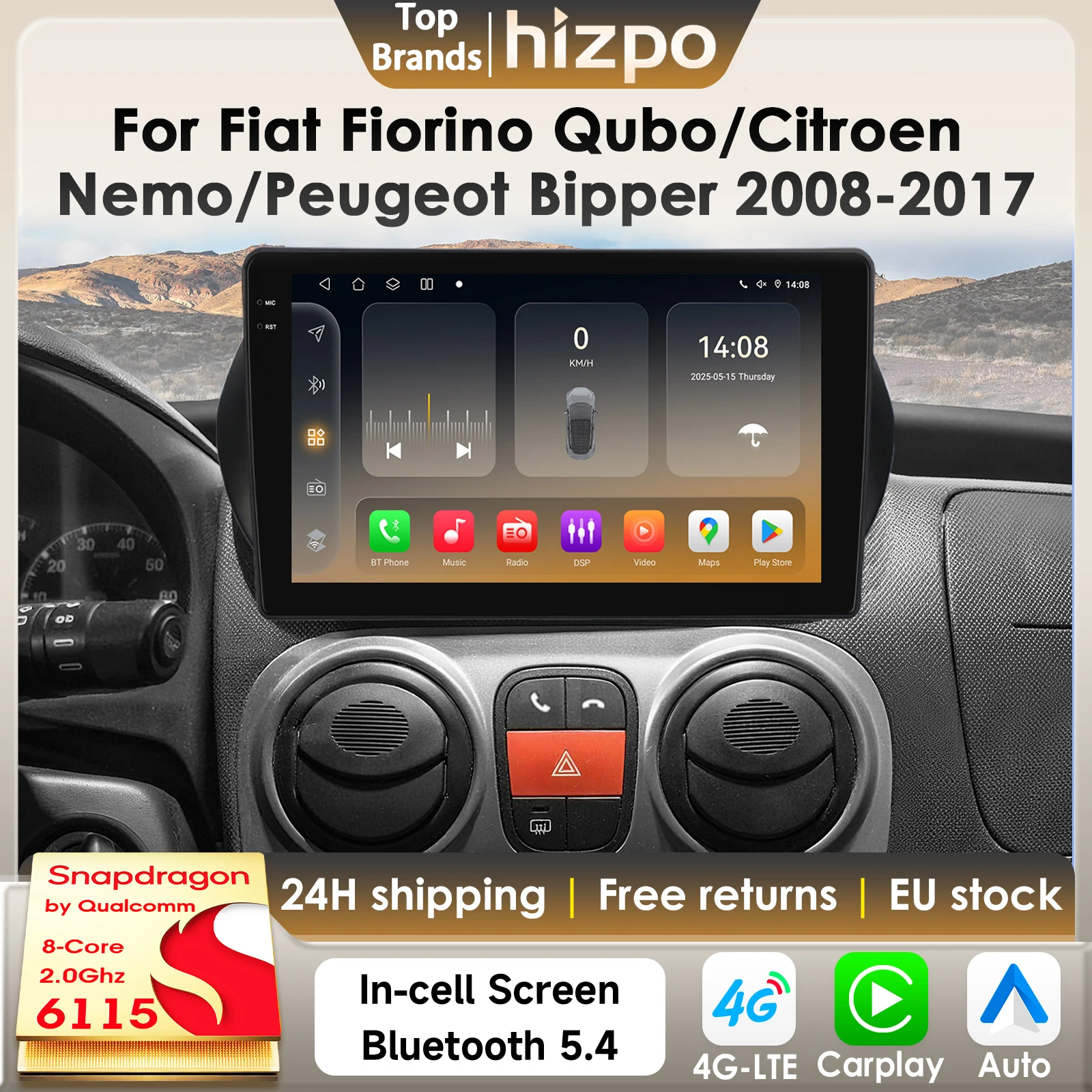 Hizpo 2Din Android 14 Autoradio Für Fiat Fiorino Qubo Citroen Nemo Peugeot Bipper 2008-2017 Auto Multimedia GPS 4G Carplay 6115