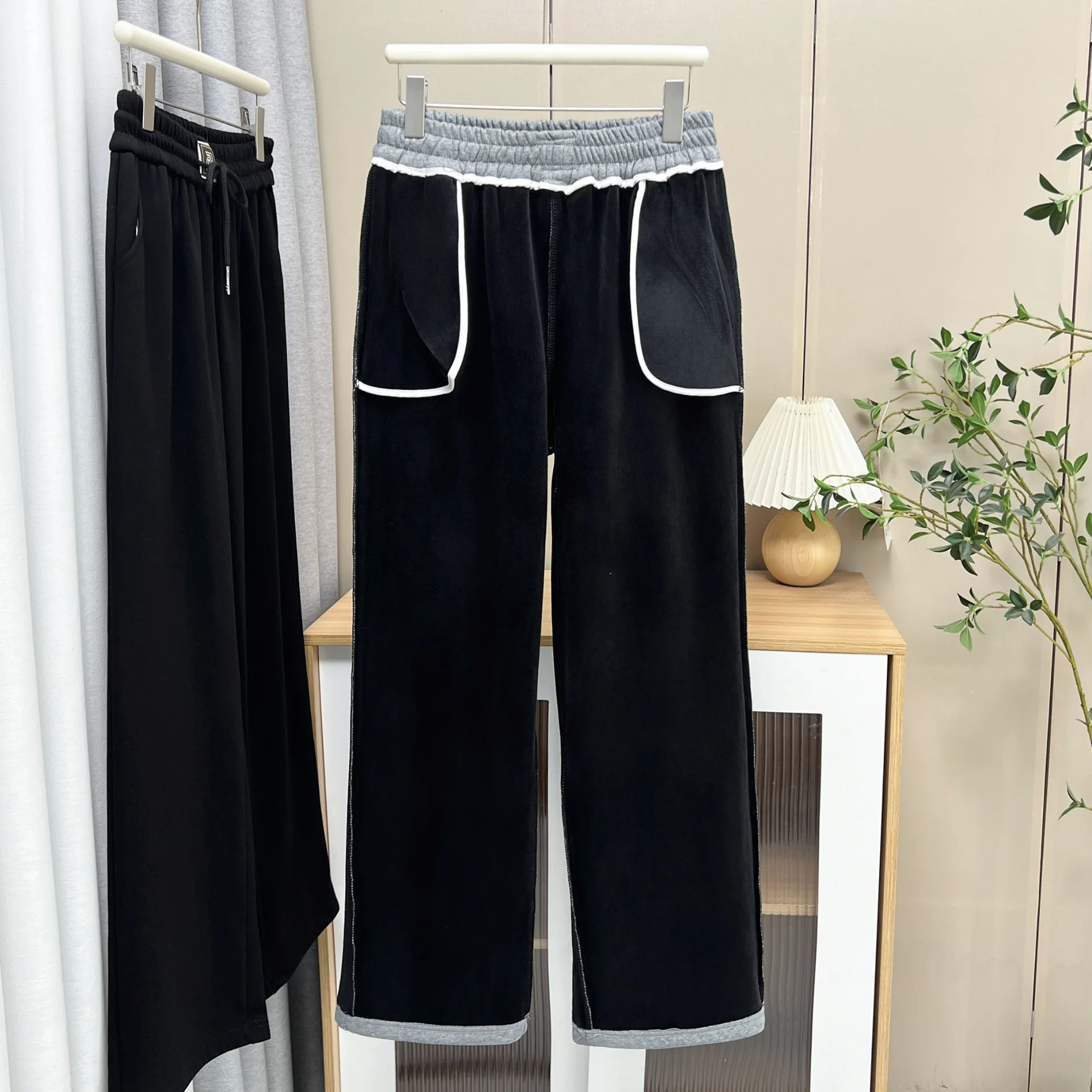 XXXXL Fashion Plus Size Women's Straight Leg Pants New Clothing Autumn Winter 2025 Simple Drawstring Waist Fleece Warm Trousers