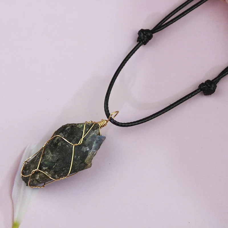 10pcs Adjustable Natural Raw Stone Necklace Labradorite Pendant Woven Necklaces Men Women Jewelry Gift