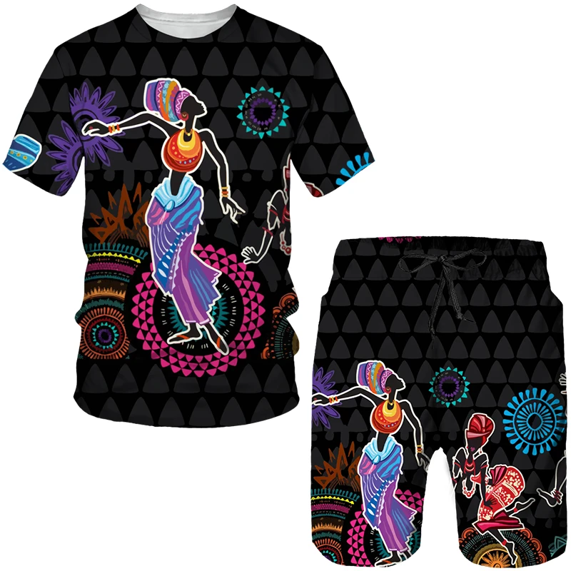 Men's Colorful African Folk-Custom 3D Print T-shirt Shorts 2pcs Suits Dashiki Ethnic Tracksuit Set for Men Sportwear Y2k Clothes