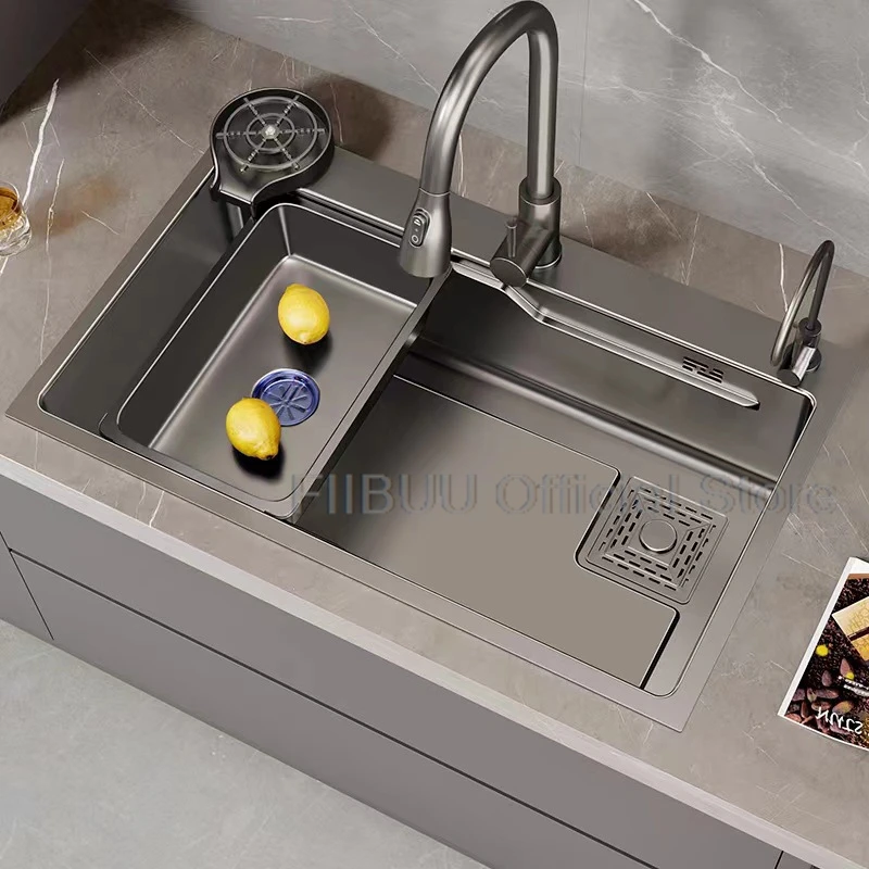 Gray Stainless Steel Kitchen Sink Large Capacity Single Bowl Thickened Handmade Multifunctional Basin With Multiple Accessories 2