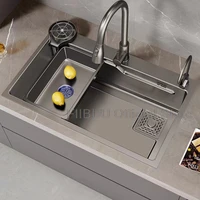 Gray Stainless Steel Kitchen Sink Large Capacity Single Bowl Thickened Handmade Multifunctional Basin With Multiple Accessories 2