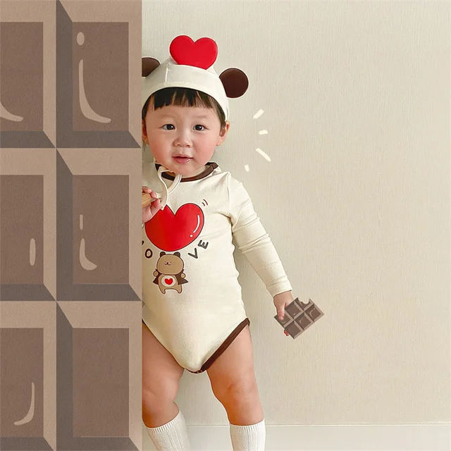 Coreano bebê infantil meninos menina bodysuit roupas kawaii engraçado dos  desenhos animados urso imprimir manga longa modelo de amor recém-nascido